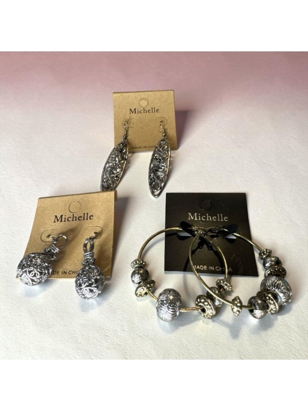 Michelle Silver-Tone Dangle Earrings & Bangles Earrings with Textured Bead Detai